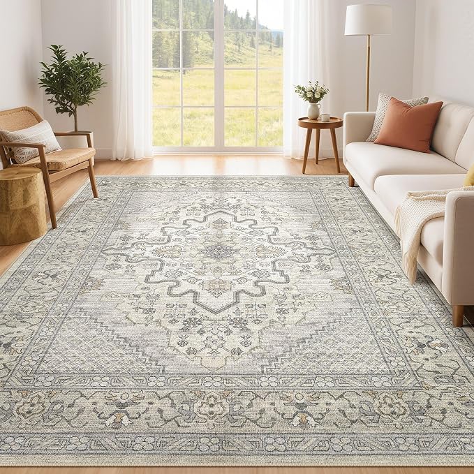 Tortania Area Rug Living Room Rugs - 5x7 Washable Boho Rug Vintage Oriental Distressed Farmhouse Large Thin Indoor Carpet for Living Room Bedroom Under Dining Table Home Office - Beige Linen