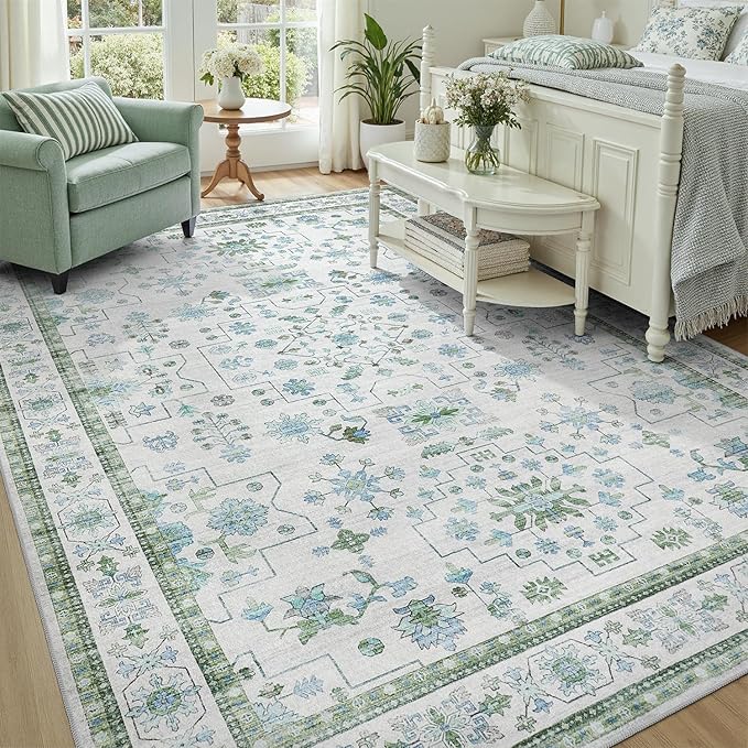 DCX Green 4x6 Rug, Kid & Pet Friendly with Rubber Back Non Slip, Machine Washable Stain Resistant Vintage Boho Floral Rug for Living Room, Bedroom, Soft Low Pile Large Nursery Carpet