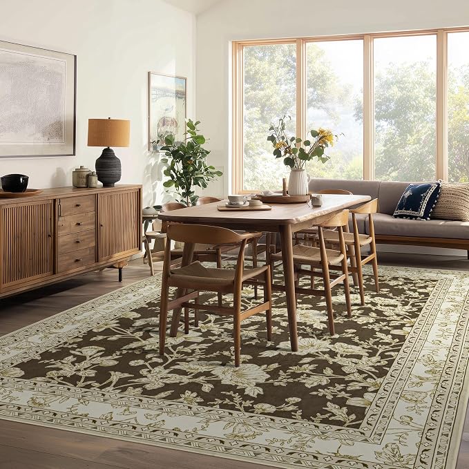 Large Neutral Brown Area Rug 10x12 for Living Room Earth Tone Cream Khaki Pattern Modern Boho for Bedroom Soft Vintage Area Rug Farmhouse Floral Carpet for Dining Room Guest Bedroom Home Decor
