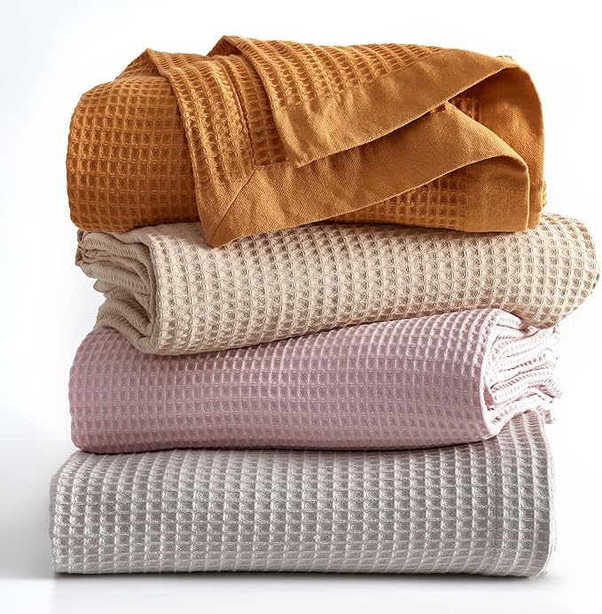 100% Cotton Yellow Blanket Full/Queen Size for Bed - Breathable and Soft, Waffle Weave for Summer Spring, 90x90 Inches (Marigold)