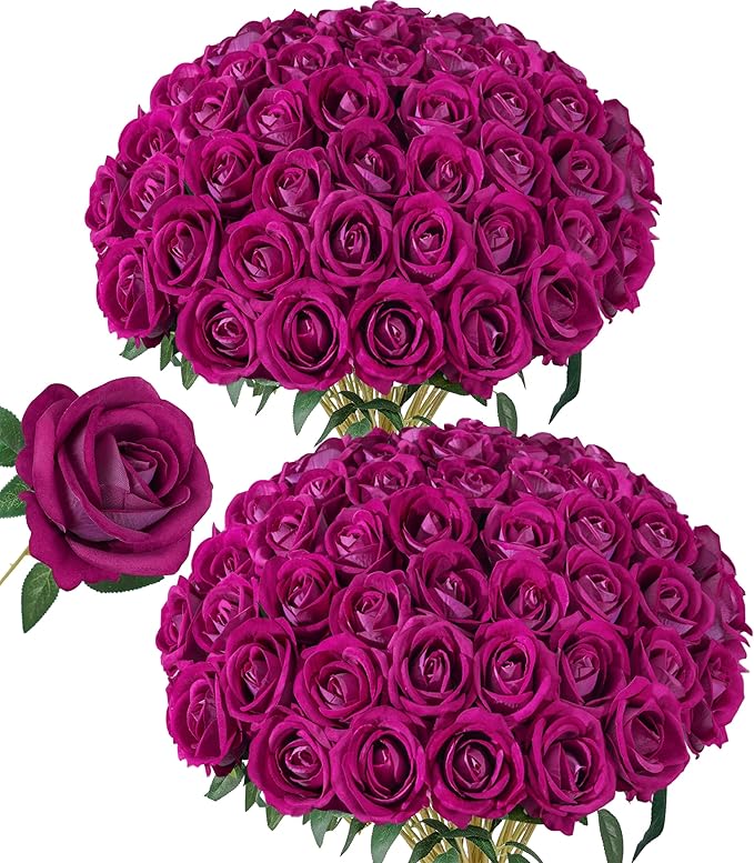 50 PCS Roses Artificial Flowers, Fake Roses with Stem Realistic Magenta Silk Roses for DIY Wedding Bouquets Table Centerpieces Arrangements Baby Shower Birthday Home Decor Valentine's Day Gift for Her
