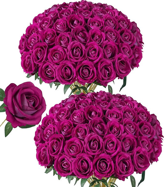 50 PCS Roses Artificial Flowers, Fake Roses with Stem Realistic Magenta Silk Roses for DIY Wedding Bouquets Table Centerpieces Arrangements Baby Shower Birthday Home Decor Valentine's Day Gift for Her