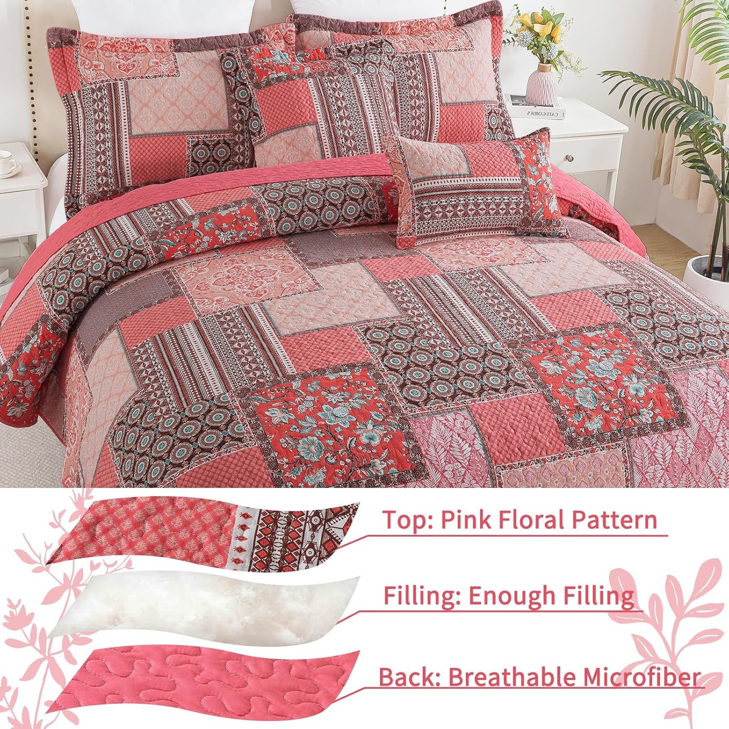 VAPUTAR Cotton Quilts Queen Size, Pink Farmhouse Bedspreads Queen Size (90 * 98 in) - 3 Pieces Lightweight Patchwork Floral Queen Quilt Bedding Set, Queen Coverlet Set Suitable for All Season