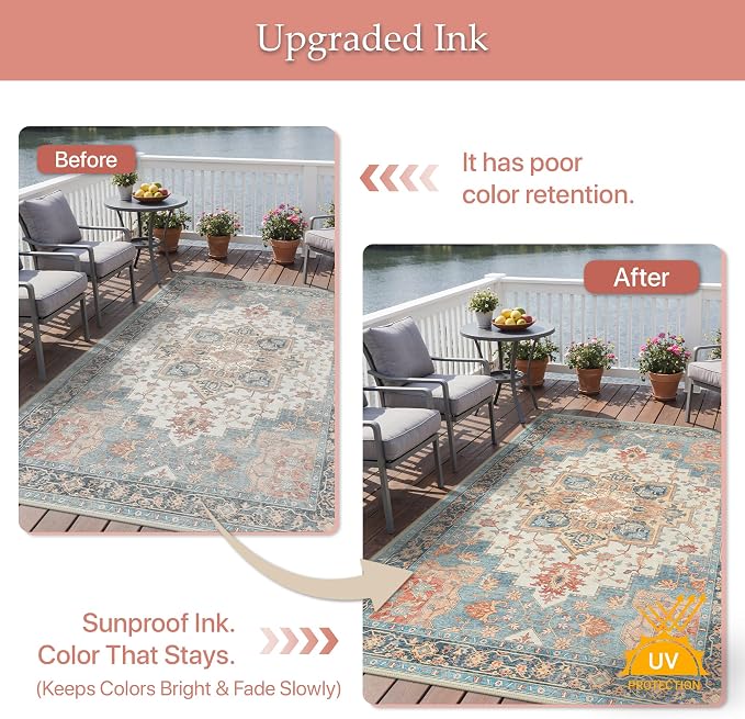 GENIMO Outdoor & Indoor Area Rug 9'x12', Waterproof, Non-Shedding, Easy Cleaning, Boho Mat for Patio, Living Room, Balcony, Dining Room, RV, Deck, Bedroom, Camping, Outside Carpet,Blue Salmon