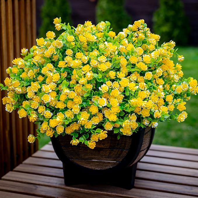 AXYLEX Artificial Flowers Outdoor Fake Plants - 12 Bundles UV Resistant No Fade Faux Plastic Greenery Boxwood Shrubs Home Garden Porch Patio Decoration (Yellow)