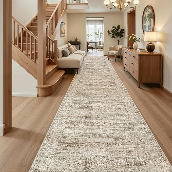 Soalmost Hallway Runner Rug 3x18 - Kitchen Rugs 18ft Washable Entryway Rug Vintage Kitchen Runners Non Slip Farmhouse Indoor Carpet Runner for Living Room Bedroom, Brown