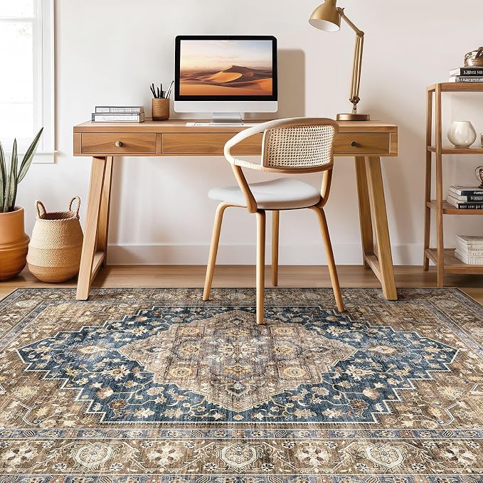 7x9 Area Rug Living Room: Washable Boho Large Neutral Vintage Soft Rug Stain Resistant Farmhouse Non-Slip Indoor Floor Carpet for Bedroom Nursery Kids Office Dining Room Playroom- Yellow Blue
