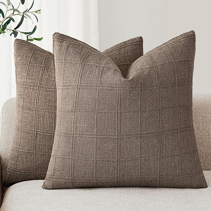 Foindtower Set of 2 Decorative Linen Check Throw Pillow Covers Neutral Farmhouse Vintage Cushion Covers Modern Boho Home Decor for Sofa Chair Couch Bedroom Living Room,24×24 Inch,Taupe Grey