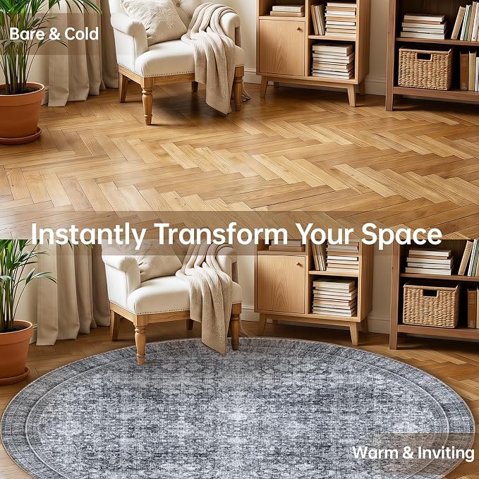 Sasttie Round Rugs 8ft, Ultra-Soft Washable Circle Rug, Low Pile Foldable Thin rugs with Non-Slip Backing, Skin-Friendly Stain Resistant Carpet for Living Room, Bedroom, Kitchen, Dorm, 8ft, Black Grey