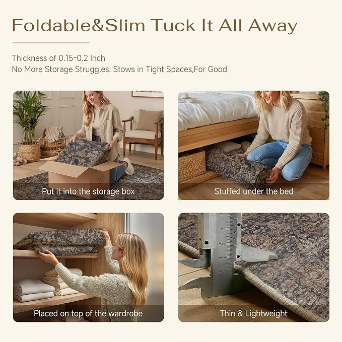 HUGEAR Hallway Runner Rugs 2x8 Blue Brown Washable Rug Neutral Vintage Rug Carpet Distressed Soft Durable Non Slip No Shedding for Indoor Bedroom Kitchen Dining Nursery Laundry