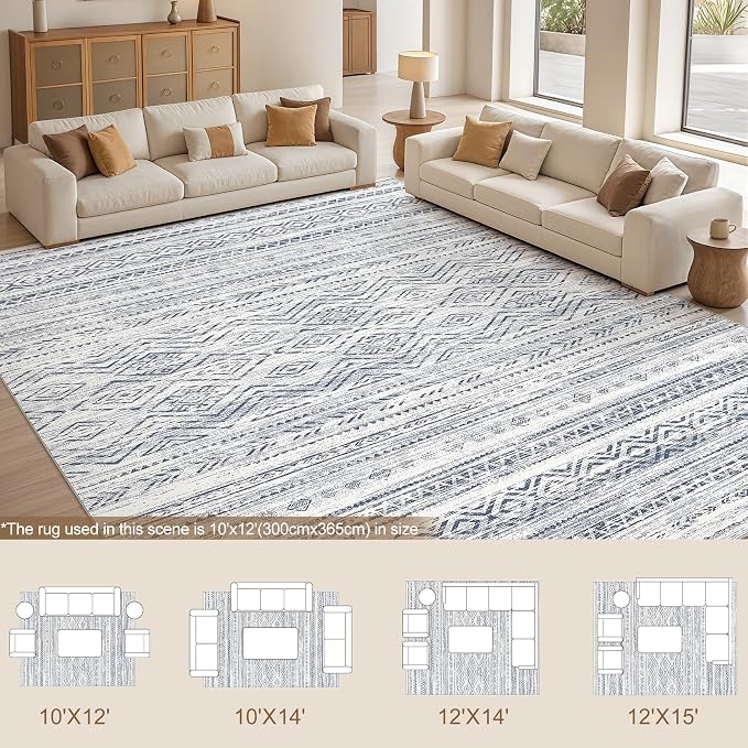 Tortania Area Rug Living Room Rugs- 10x12 Washable Large Soft Neutral Boho Moroccan Bohemian Farmhouse Rug Indoor Floor Carpet for Bedroom Under Dining Table Home Office Decor - Dark Blue