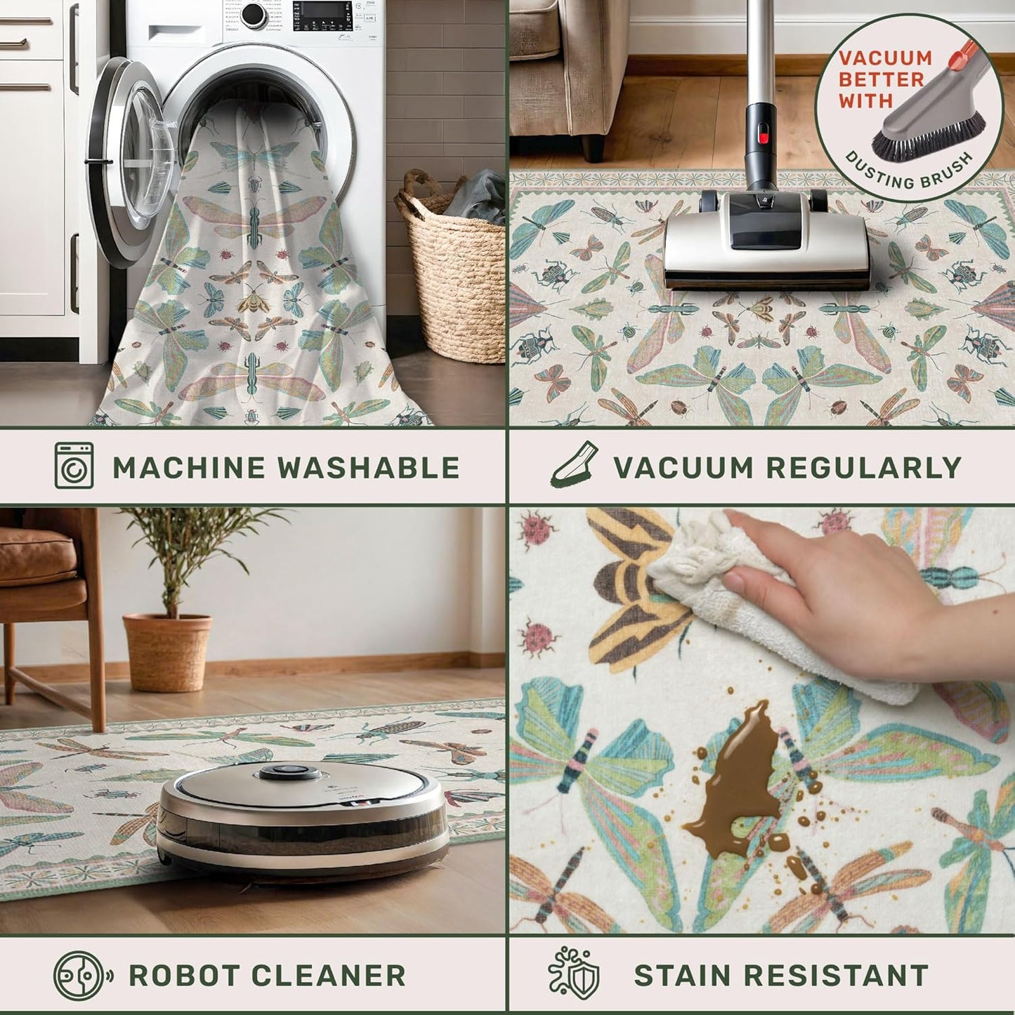 Insect Print Long Hallway Runner Rug - Light Green Rug for Kitchen Floor, Entryway Runner Rug, Washable Non Slip with Rubber Backing, Cool Butterfly Indoor Decor