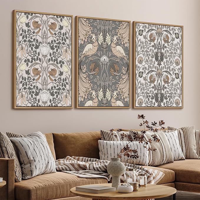 Large Retro Framed Wall Art - Natural Float Framed Vintage Flowers Canvas William Morris Painting Pictures Rustic Floral Pattern Prints Artwork for Living Room Bedroom Office Decor 96" X 48" Set of 3