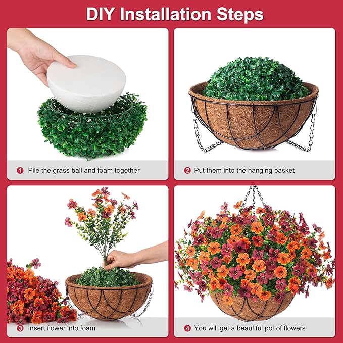 INXUGAO Artificial Silk Flowers Hanging Baskets for Outdoors Indoors, Daisy with Eucalyptus Leaves Arrangement for Garden Yard Decor, Faux Green Plant in Metal Coconut Lining Flowerpot(Orange Brown)