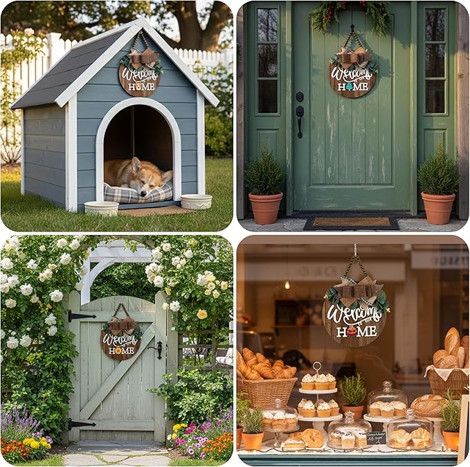 CondorPasea Interchangeable Welcome Door Sign with 16 Different Replaceable Patterns - 12" Round 3D Rustic Wooden Front Porch Decor, Artificial Leaves & Rustic Beads, Farmhouse/Classroom All Seasons Holiday (Christmas Halloween) Welcome Home Hanging Sign