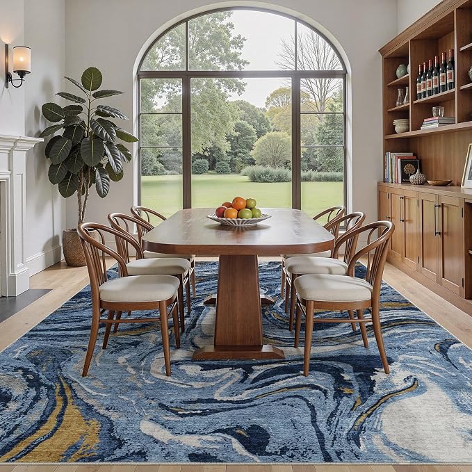 DMOYEST 8x10 Area Rug for Living Room - Washable Neutral Modern Abstract Rugs Soft Non-Slip Carpet Low Pile Indoor Floor Mat for Bedroom & Dining Room Decor for Families with Kids and Pets- Dark Blue