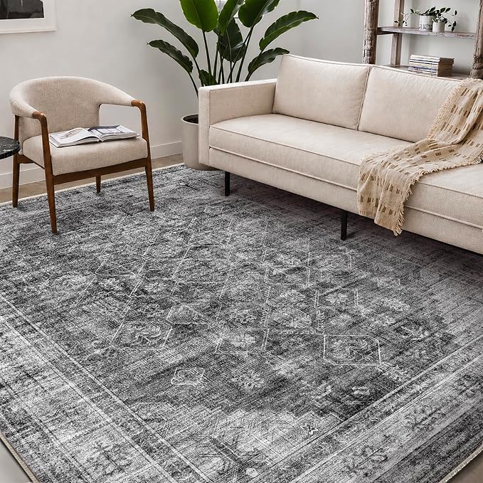 CHAMPLANT Washable Area Rug 9'x12' Retro Boho Design Non-Shedding Easy Care Ideal for High Traffic Areas in Living Room Bedroom Office Coffee Table Kitchen Large Carpet