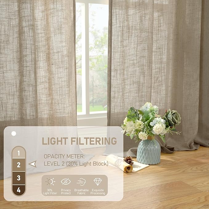 LAMIT Taupe Linen Curtains 45 Inch Length 2 Panels, Light Filtering Panels Back Tab and Rod Pocket Country Decor Drapes for Kitchen/Window/Loft Room/Bedroom, 34 x 45 Inch