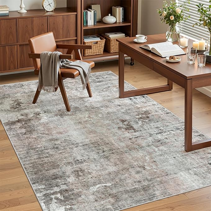 Soalmost Area Rugs 4x6 for Living Room, Vintage Washable Rugs for Dining Room, Kitchen, Non-Slip Area Rug Pink Grey