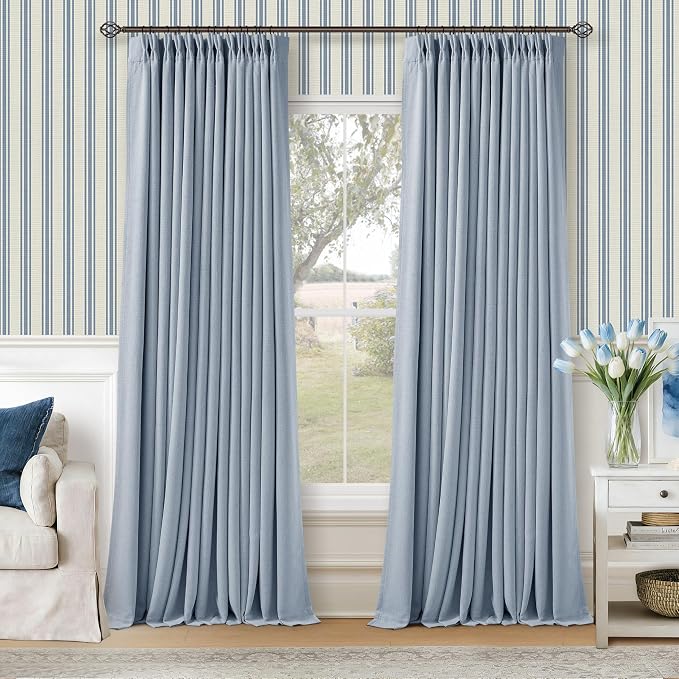 Light Blue 120 Inch Blackout Pinch Pleated Curtains 2 Panel Set for Living Room Darkening Thick Linen Textured 100% Black Out Drapes 120 Inches Long Pinch Pleat Light Blocking Bedroom for Babys Kids
