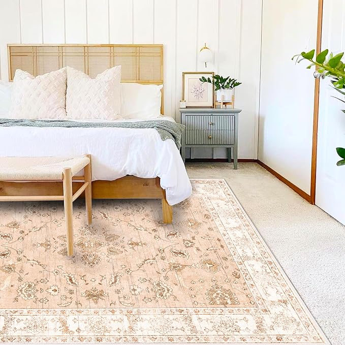 CHAMPLANT 5x7 Washable Foldable Thin Area Rug Tangerine Vintage Rug Traditional Floor Cover Retro Indoor Distressed Non Slip Carpet Floral Print Bedroom Living Room Bathroom Mat