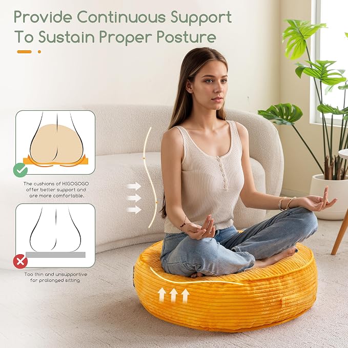 HIGOGOGO 6" Extra Thick Floor Pillow Cushion for Adults, Meditation Cushion Pillow, Large Round Floor Sitting, Tufted Corduroy Cover, for Tatami Living Room or Yoga, 22x22 Inch, Orange