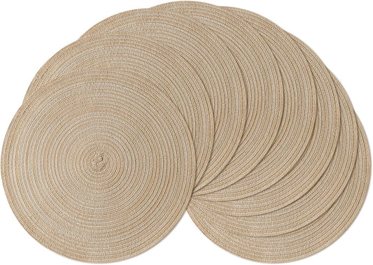 Leetaltree Round Placemats Heat and Slip Resistant Cotton Table Mats, Washable Bohemian Placemats for Dining Tables (Beige, Set of 8)