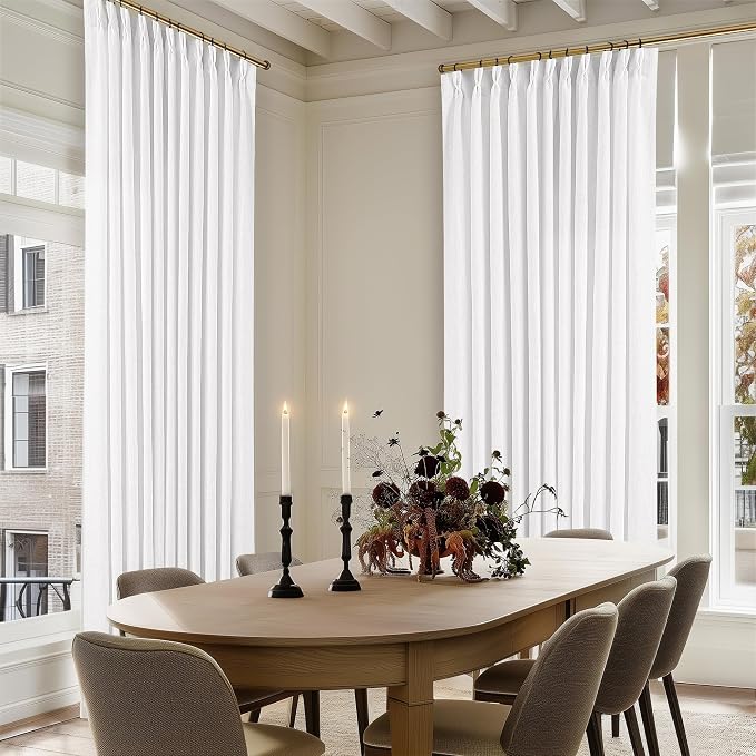 TWODRAPES Extra Wide 108 Inch Long Curtains 70 Inch Wide Pinch Pleat Linen Curtains for Living Room Bedroom Light Filtering Privacy Pleated Drapes Hooks Rings Back Tab for Sliding Door White 1 Panel