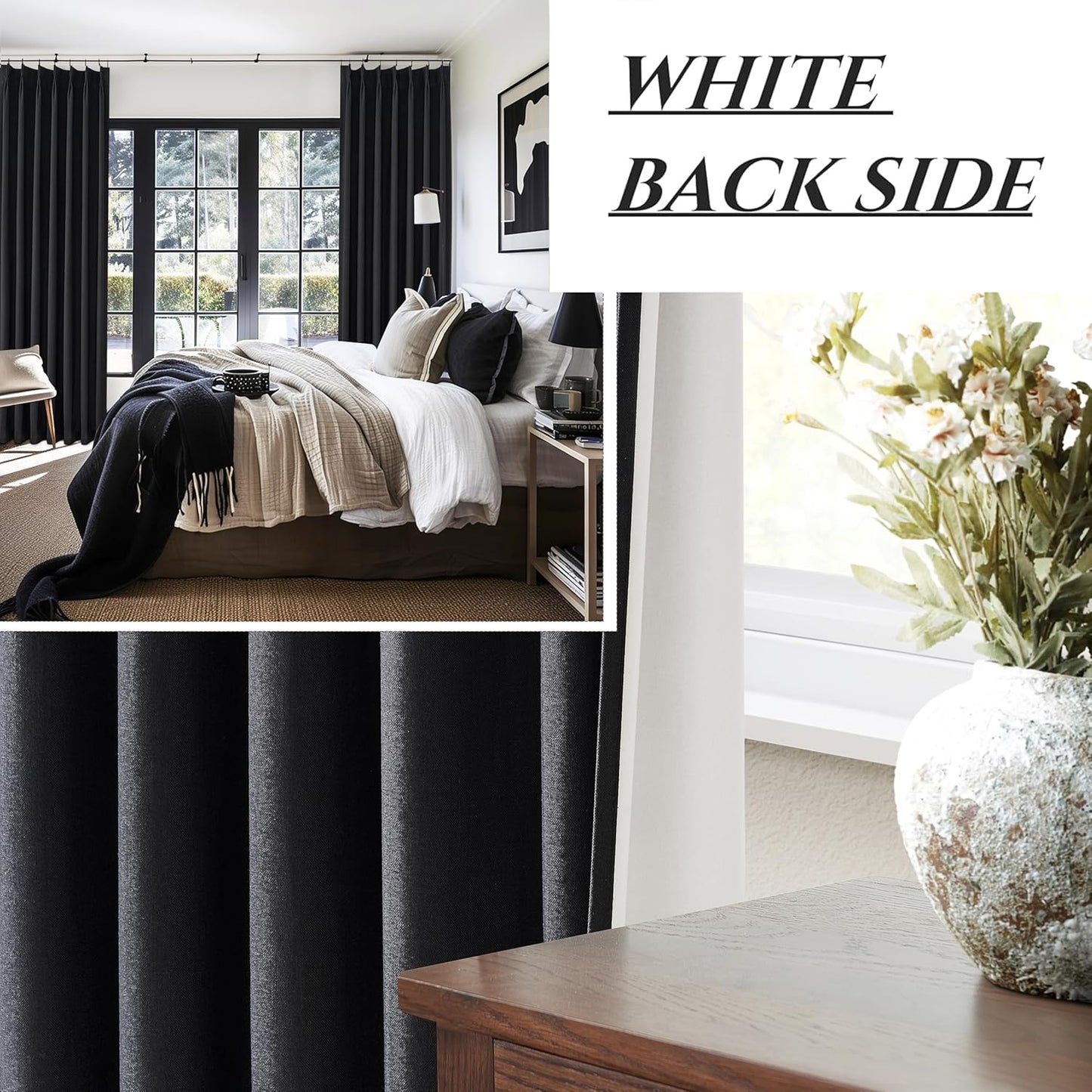 Solid Black Out Curtains 96 Inches Long, Linen Blackout Curtains for Living Room 96 Inch Length 2 Panels Set Back Tab/Pinch Pleated Lush Decor Textured Thick Window Drapes Thermal for Summer Heat