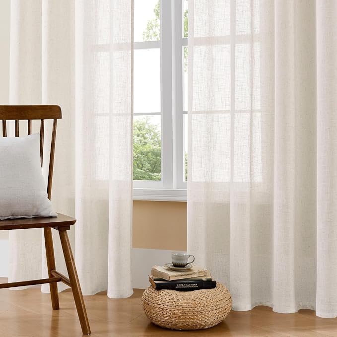 Joydeco Light Filtering Curtains 96 Inch Length for Bedroom, Linen Curtains 96 Inch Length 1 Panel Set for Living Room，White Semi Sheer Drapes 96 Inches Long with Rod Pockets