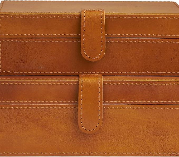 Deco 79 Leather Handmade Decorative Box Storage Decorative Keepsake Boxes with Snap Front Closure and Detailed Stitching, Set of 2 Storage Boxes 10", 8"W, Brown