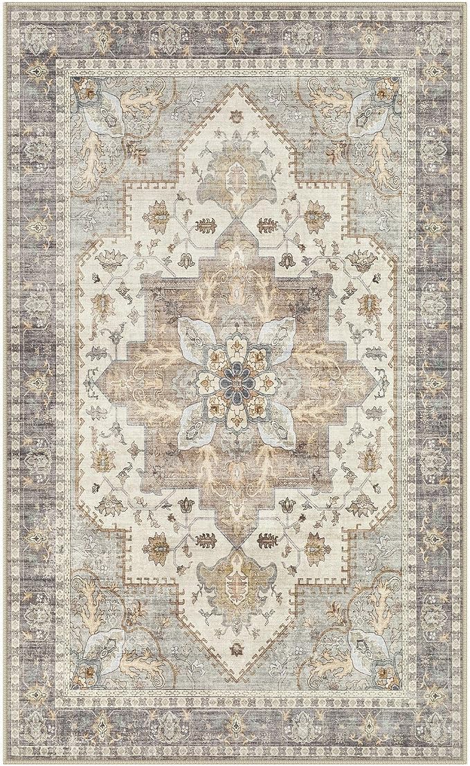 Tortania Area Rug Living Room Rugs - 3x5 Washable Rug Vintage Oriental Distressed Farmhouse Small Thin Indoor Carpet for Living Room Bedroom Under Dining Table Home Office - Greige
