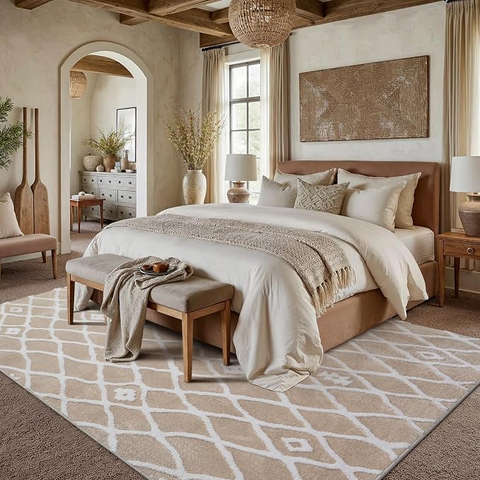 PureCozy 8x10 Area Rug for Living Room Beige Brown Washable Bedroom Rug Non Slip Soft Modern Moroccan Neutral Shag Checkered Carpet Boho Dining Room Office Playroom Nursery