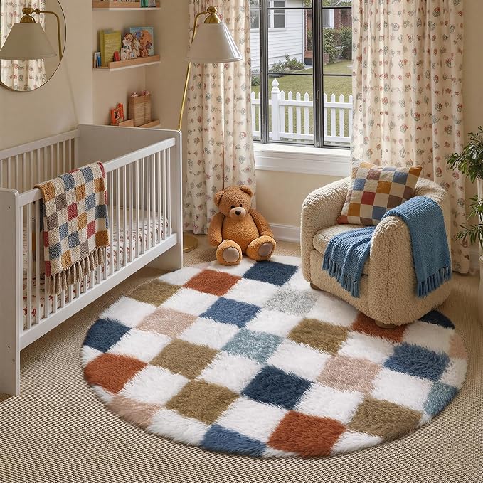PureCozy Checkered Rug 5x5 for Living Room, Modern Rainbow Shag Super Soft Washable Fluffy Rugs Indoor Fuzzy Carpet for Bedroom Home Dorm Aesthetic Decor