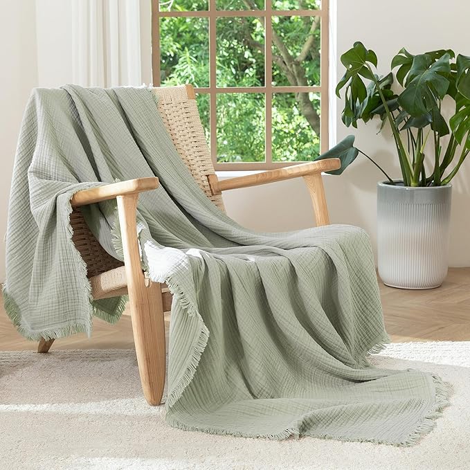 MooMee Muslin Blanket - 100% Cotton 4-Layer Gauze Throw Blanket with All-Around Fringe, Soft Breathable Lightweight Cooling Summer Blankets for Bed Couch(Sage Green,Throw 60" x 50")