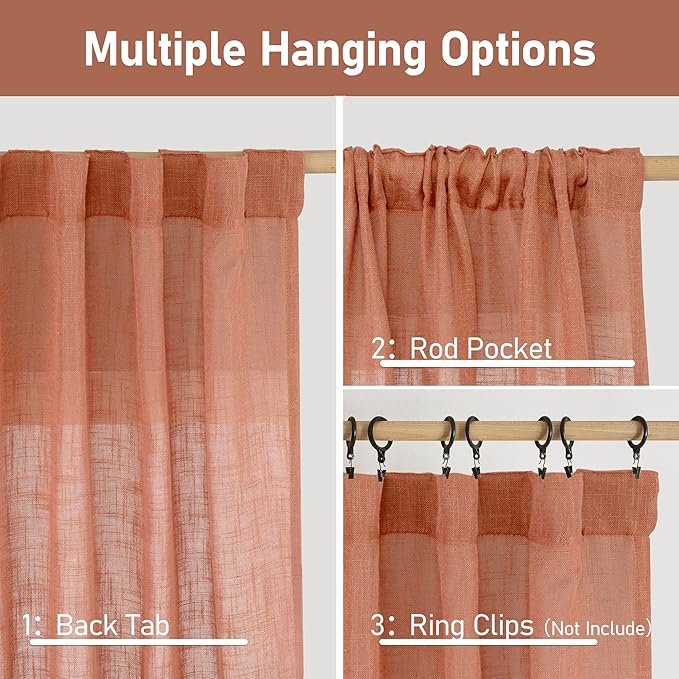 LAMIT Extra Wide Linen Curtains for Bedroom, Terracotta Light Filtering Faux Linen Textured Panels Semi Sheer Back Tab and Rod Pocket Boho Drapes for Living Room, 2 Panels, 60 x 84 Inch