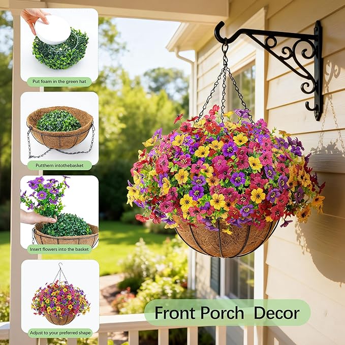 Der Rose 2 Pack Artificial Hanging Flowers Basket for Outdoors Fake Hanging Plants Spring Summer Decoration UV Resistant for Garden Front Porch Patio Balcony Decor