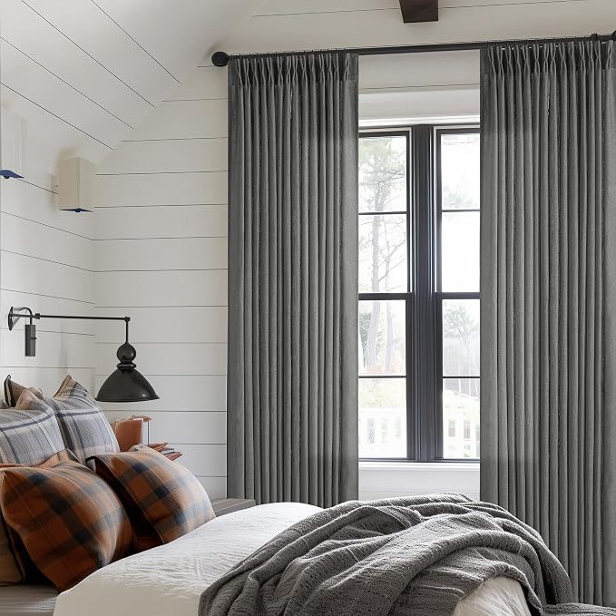 Charcoal Grey 84 Inch Pinch Pleated Linen Curtains 2 Panel Set for Living Room Thick Linen Textured Drapes 84 Inches Long Pinch Pleat Drapes Semi Sheer Curtain for Dining Bedroom Dark Slate Grey