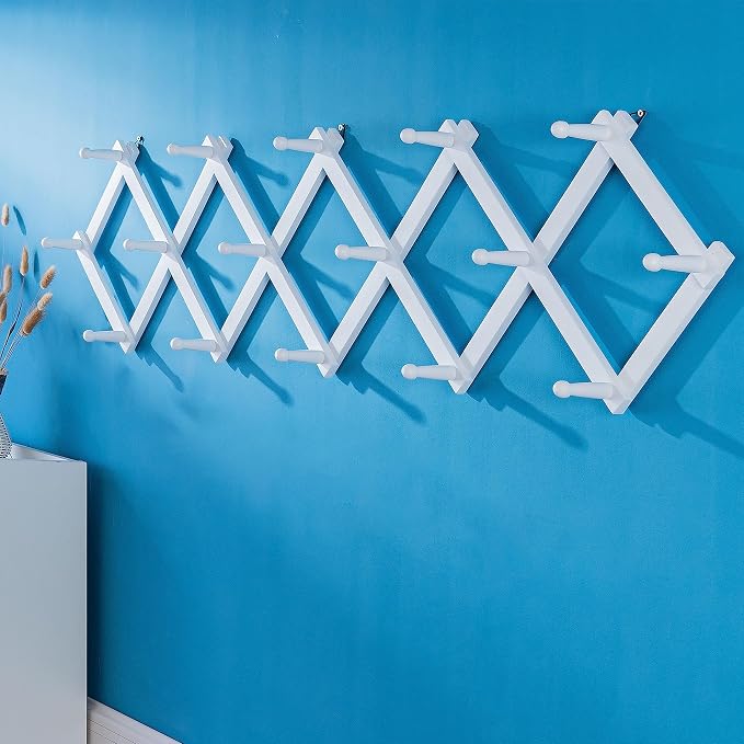 SKOLOO Accordion Wall Hanger with 16 Hooks, Modern Expandable Coat Rack Hat Rack for Wall, Solid Wooden, White