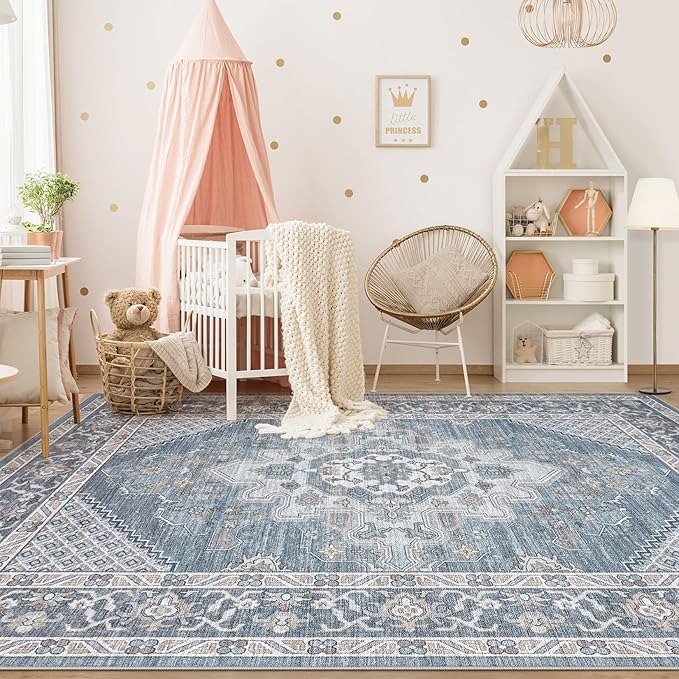 Tortania Area Rug Living Room Rugs - 5x7 Washable Boho Rug Vintage Oriental Distressed Farmhouse Large Thin Indoor Carpet for Living Room Bedroom Under Dining Table Home Office - Blue