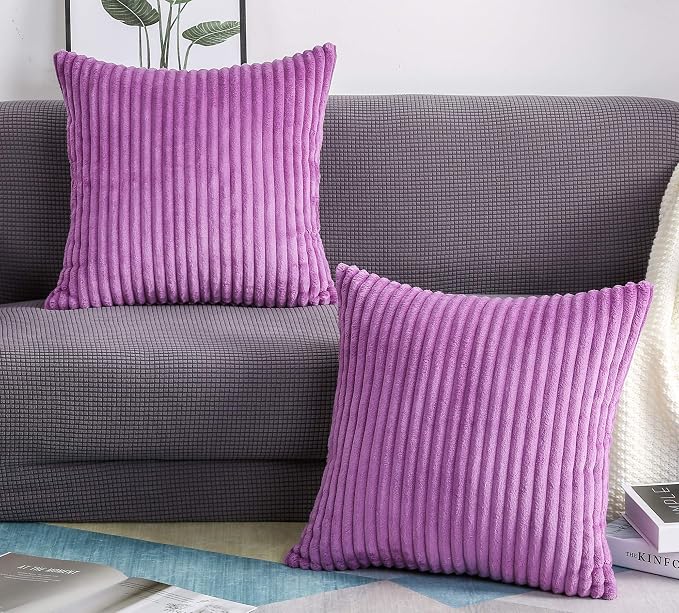 TangDepot Velvet Big Corduroy Pillow Covers 24x24 Light Purple 2-Pack | Soft wide-stripe corduroy pillow cover, hidden zipper, machine washable, easy refresh, for bedroom living room indoor outdoor