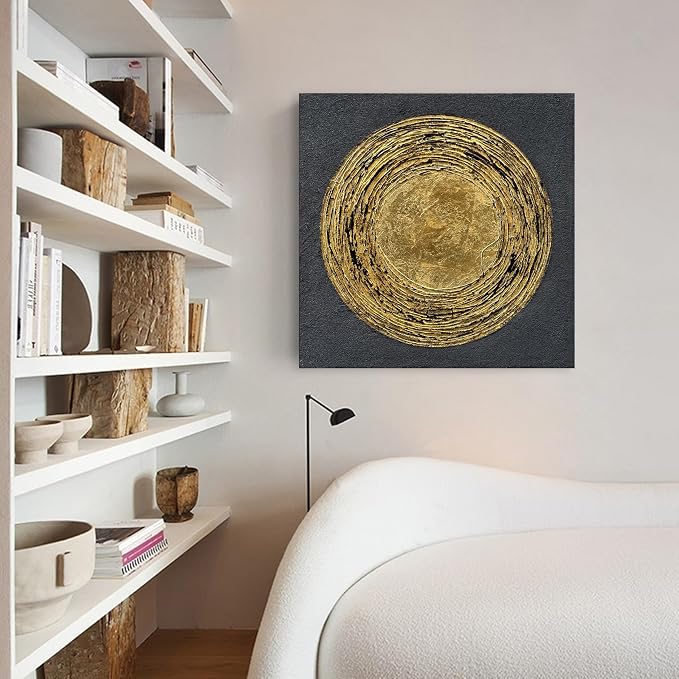 30x30 inch Hand-Painted Gold and Black Texture Abstract Art Modern Home Office Wall Decorative Art