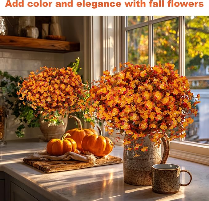 AXYLEX Artificial Fall Flowers Outdoor Fake Mums - 12 Bundles Fake Plants UV Resistant No Fade Faux Plastic Greenery Garden Porch Patio Fall Home Decor(RedOrangeYellow)