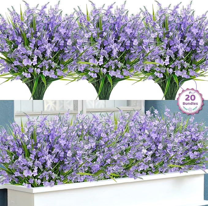 20 Bundles Artificial Lavender Flowers for Outdoors Fake Silk Flowers Faux Plants UV Resistant for Indoor Outside Spring Porch Garden Window Table Box Office Home Decorations, Purple