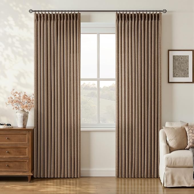 Rust Brown Linen Pleated Curtains 84 Inches 2 Panels Set Rustic Retro Semi Sheer Light Filter Thick Linen Pinch Pleat Office Curtain 84 Inch Length Tan Back Tab Drapes for Living Dining Room Bedroom