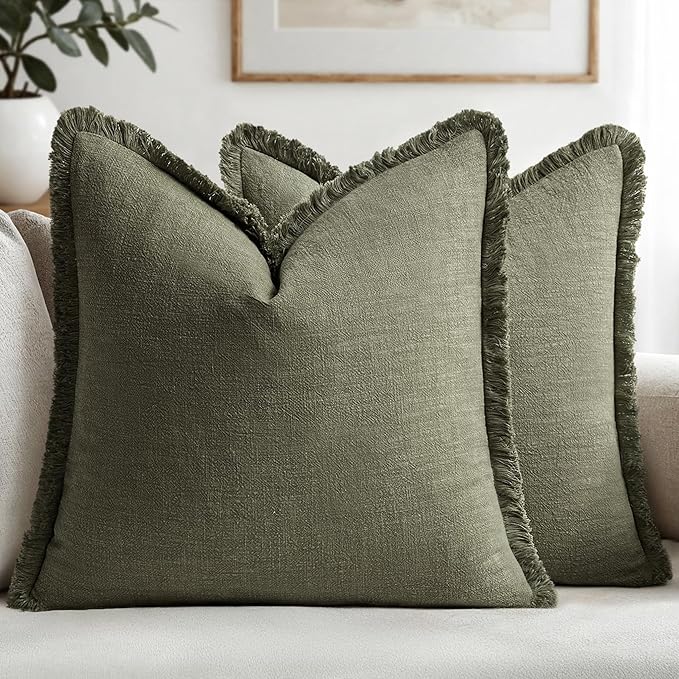 MIULEE Decorative Throw Pillow Covers Neutral Linen Fringe Throw Pillows Euro Shams Set of 2 Olive Green Boho Farmhouse Cushion Covers for Couch Sofa Bed Living Room Spring Home Decor 22x22 Inch
