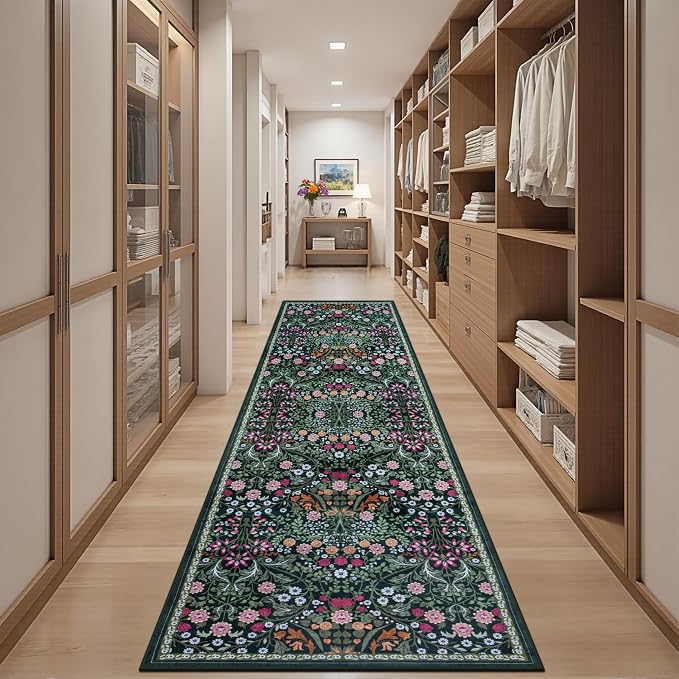 Runner Rug for Entryway: 2.6x10 Kitchen Rugs Non Slip Washable Ultra-Thin Soft Floral Carpet Indoor Floor Stain Resistant Carpets for Hallway Bedroom Kitchen Laundry Bathroom Dorm Dark Green