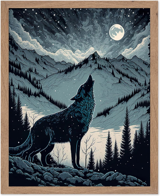 Poster Master Vintage Illustration Poster - Retro Animal Print - Gift for Artist, Friend - Wolf Howling at the Moon, Mountain, Snow, Landscape - Wall Decor for Home, Office, 8x10 Beige Framed
