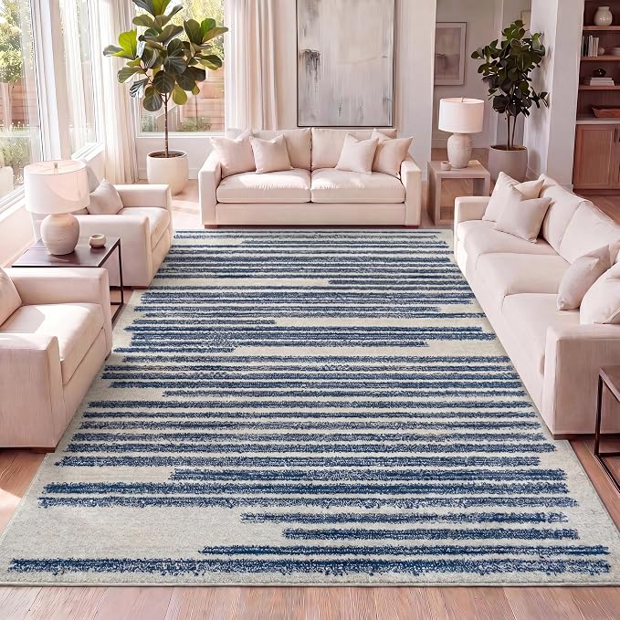 JONATHAN Y Khalil Modern Berber Stripe Cream/Navy Indoor Area Rug, 5x8, Contemporary, Bohemian, Easy-Cleaning for Living Room, Bedroom, Kitchen, Pet Friendly, Non-Shedding (MOH207E-5)