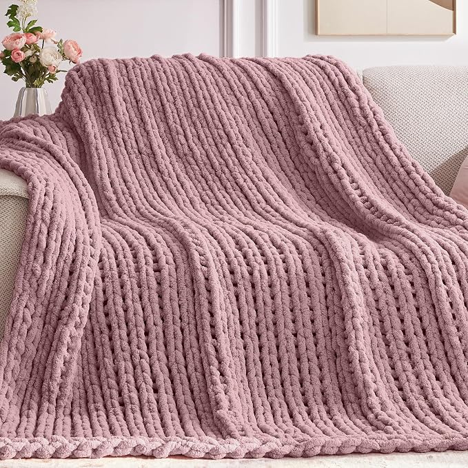 Negwoo Chunky Knit Throw Blanket, 80''*90'' Knitted Throw Chenille Yarn for Bed Couch, Handmade Muted Pink Crochet Big Thick Blanket, Machine Washable Cute Comfy Blanket for Home Decor